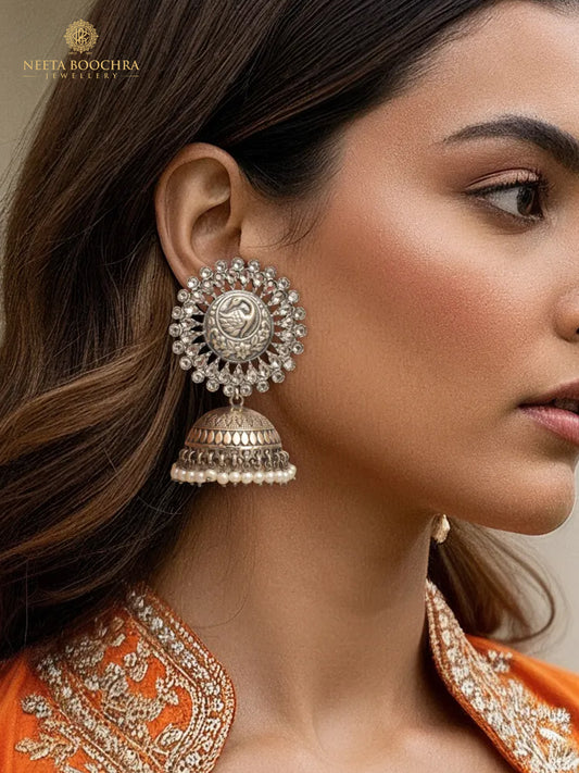 Rajwada 925 Silver Statement Peacock Motif Jhumkis with Crystal and Pearl