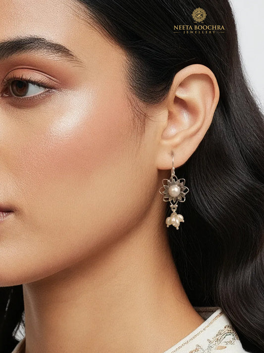 Chandrika 925 Silver Sunflower Pearl Dangler Earrings