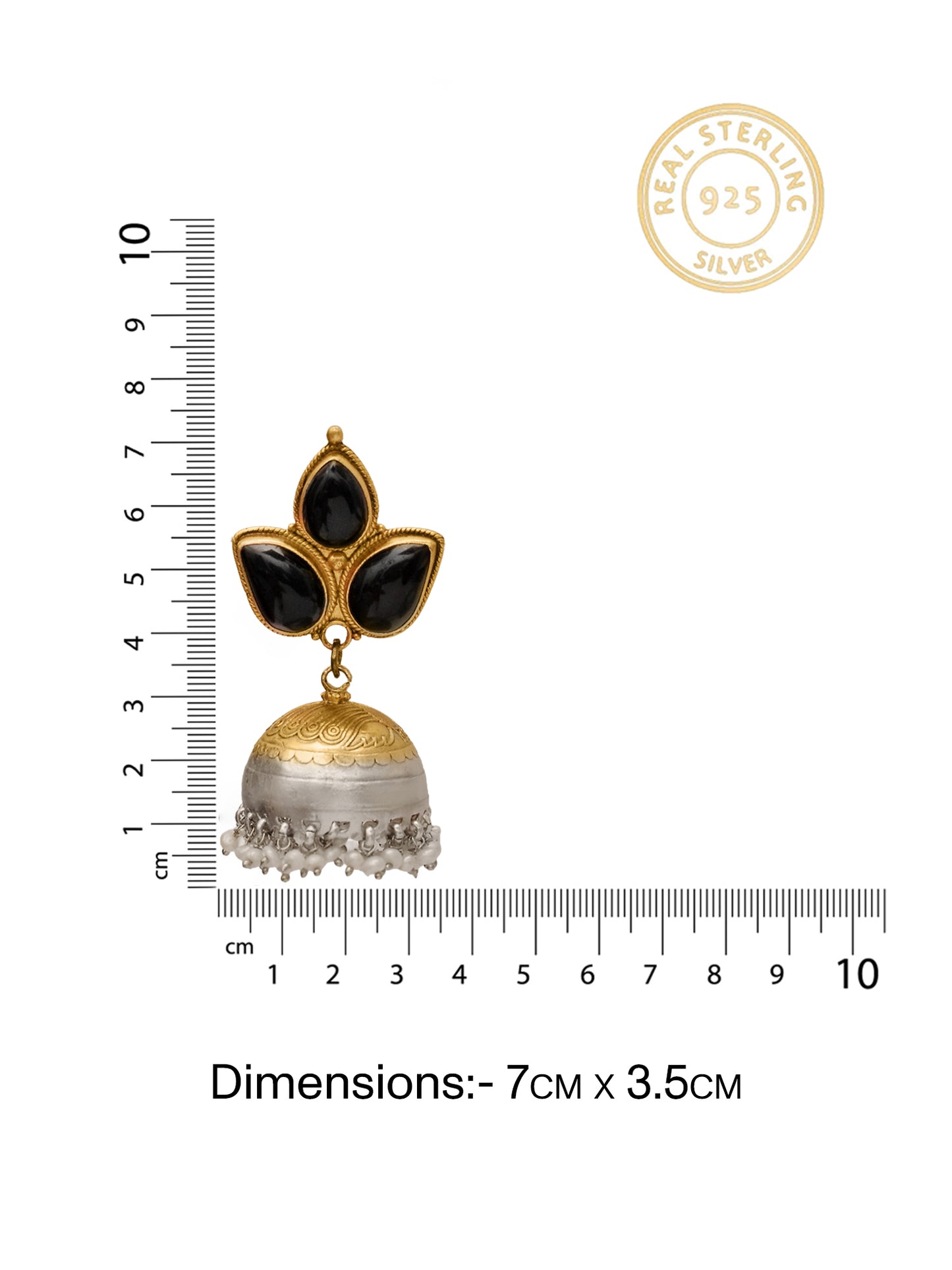 Rajwada Statement 925 Silver Two Tone Jhumki with Pearl and Black Onyx Gemstone