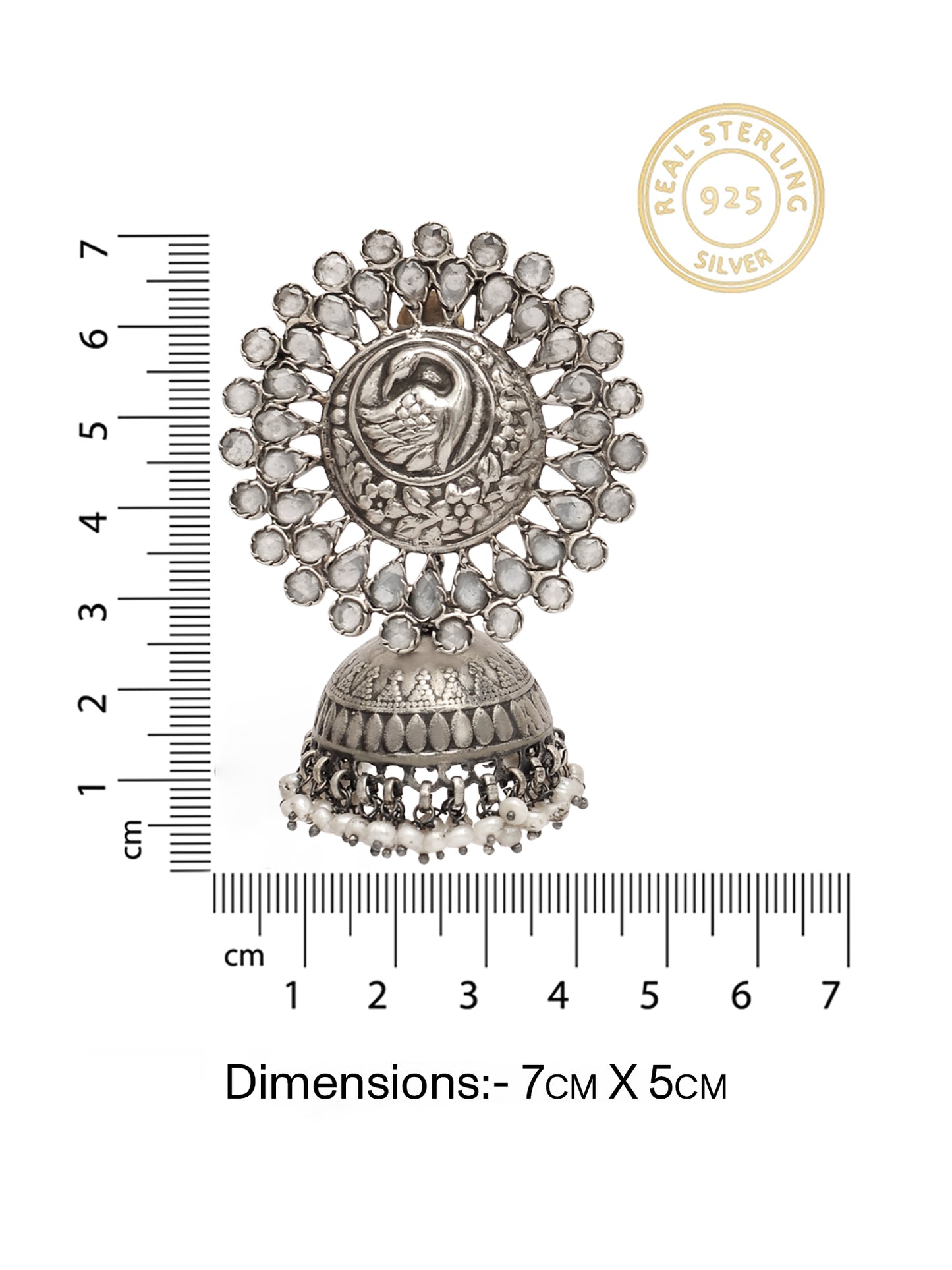 Rajwada 925 Silver Statement Peacock Motif Jhumkis with Crystal and Pearl