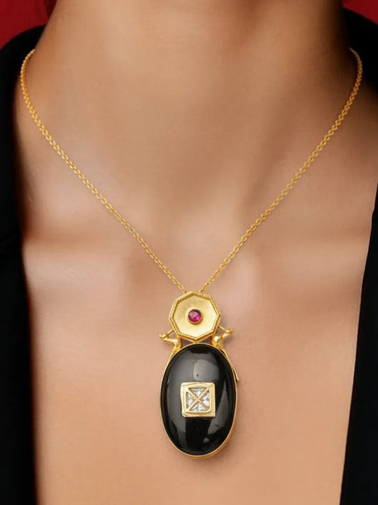 Meher Pink Kundan 925 Silver Gold Plated Necklace with Black Onyx