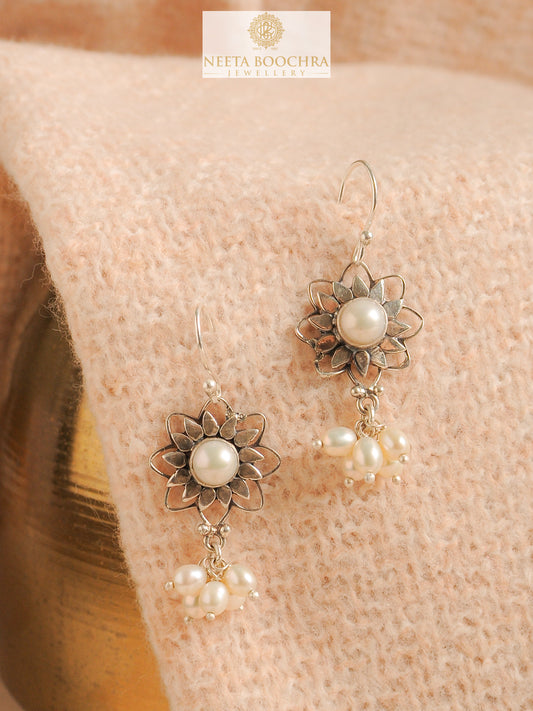 Chandrika 925 Silver Sunflower Pearl Dangler Earrings