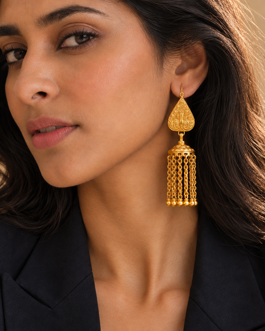 Rajwada Festive Gold Plated 925 Silver Peacock Motif Earrings with Long Ghungroos