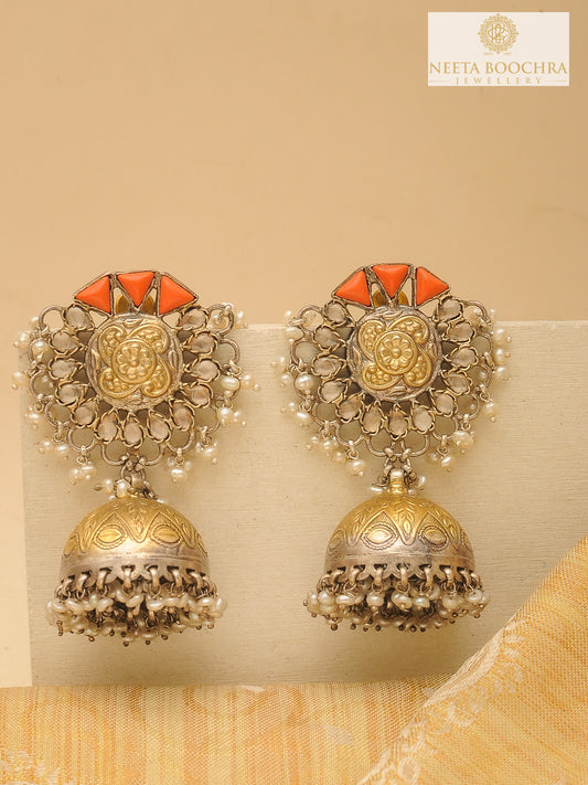 Rajwada 925 Silver Statement Two Tone Jhumkis with Orange Corals and Pearl