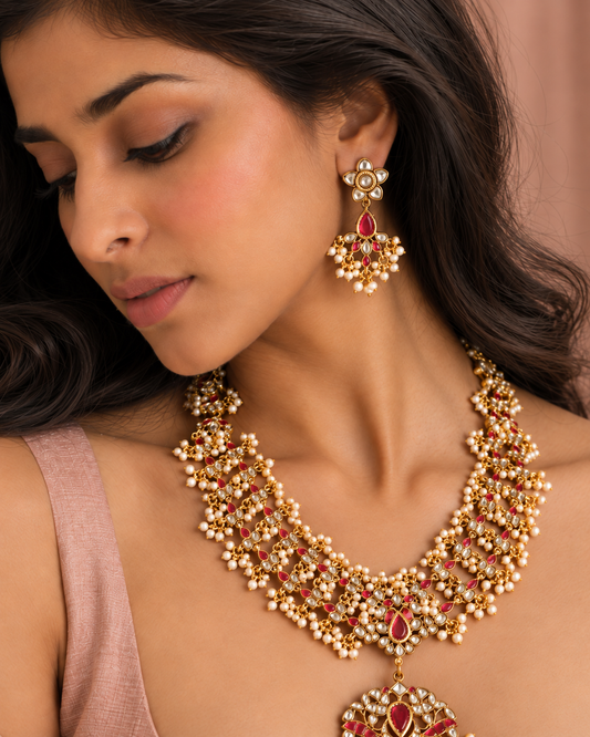 The Guttapusalu Gulabi Set — Necklace Set in hand-set kundan, 22K Gold Plating, Riwaayat Collection