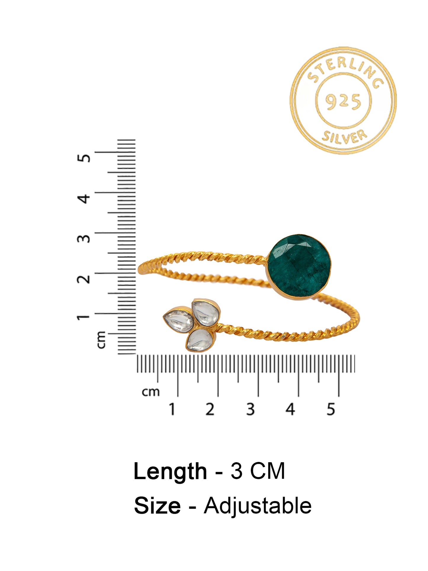 Green Radiance: 925 Silver Gold Plated Bangle Cuff with Green Gemstone and White Kundan