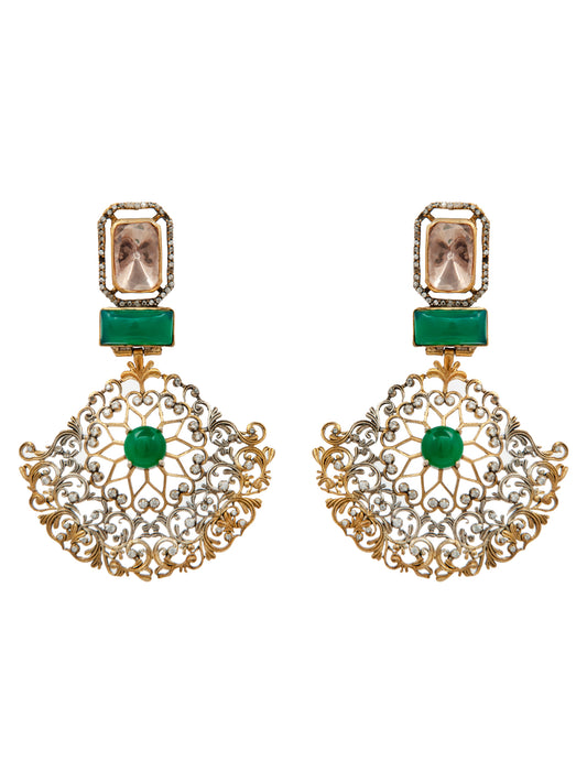 Shubhankar Dwirupa Moissanite Earrings: 925 Sterling Silver Two Tone Earrings with Green Onyx