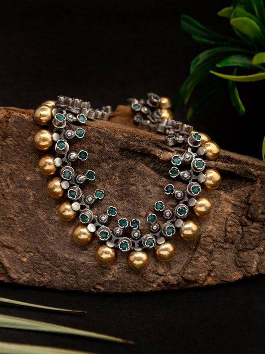 Green Tribal Elegance: 925 Silver Classic Two Tone Necklace with Green Onyx Gemstone