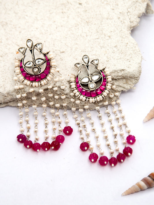 Sone Ki Gulabi Chaandbali: 925 Sterling Silver with Pink and White Kundan and Pearl