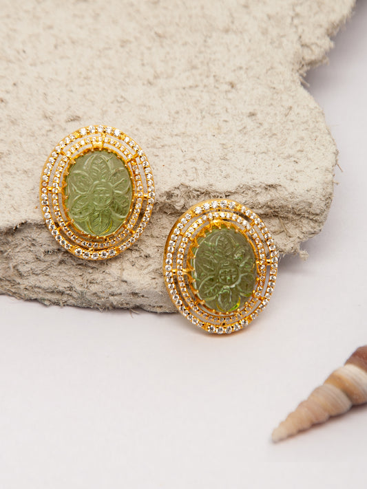 Verdant Carved Gemstone Studs: 925 Sterling Silver Gold Plated