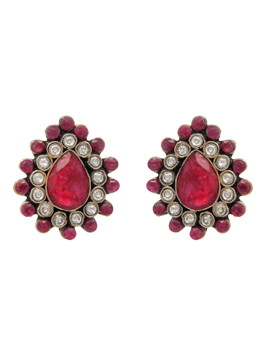 Ratna Kundan Silver Studs: 925 Sterling Silver with Dyed Ruby