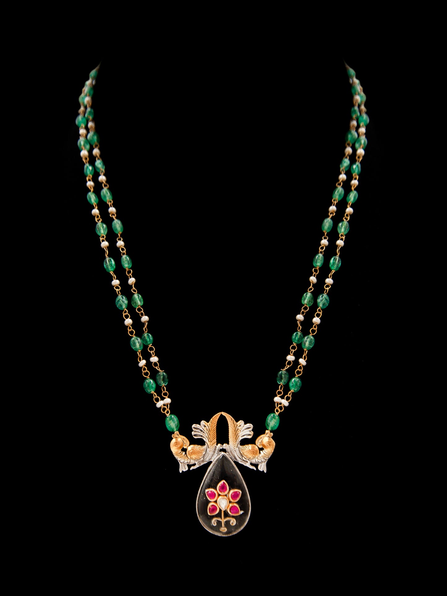 Avian Elegance: 925 Silver Fusion Birds Motif Necklace with Crystal Quartz Inlay Work