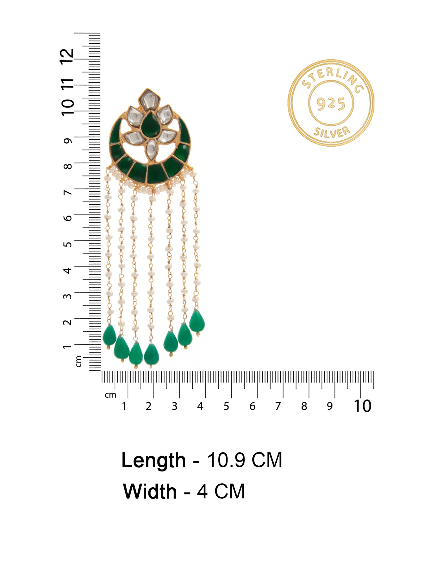 Swarna Moti Chaandbali: 925 Sterling Silver Gold Plated with Green and White Kundan