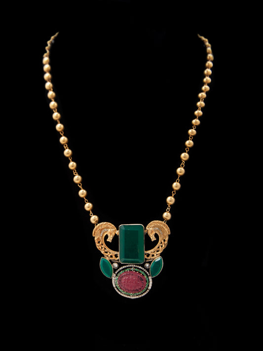 Seaside Splendor: 925 Silver Sea Horse Motif Fusion Gold Plated Beaded Necklace