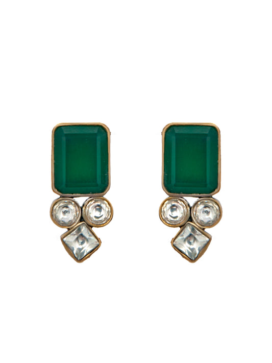Vrindavan Green Onyx and White Kundan Studs: 925 Sterling Silver