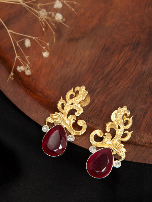 Nature's Grace: 925 Sterling Silver Leaf Earrings with Dyed Ruby