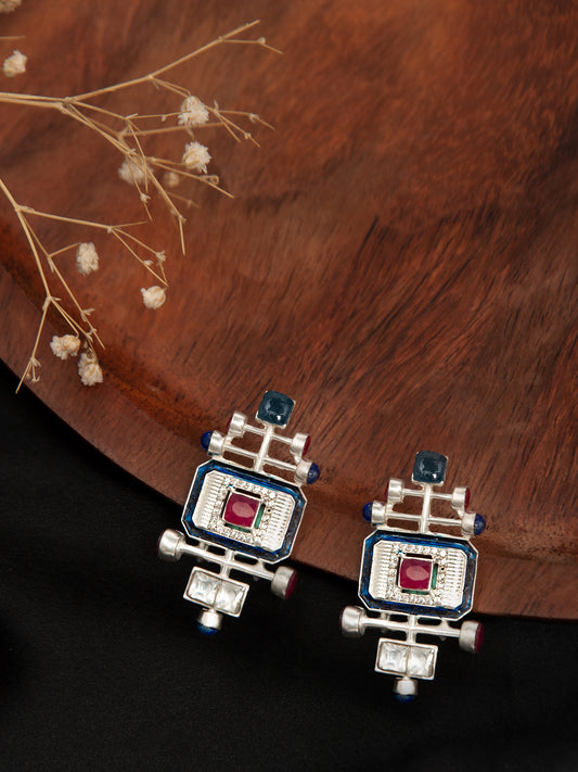 Azure Enchantment Modern Kundan Studs: 925 Sterling Silver