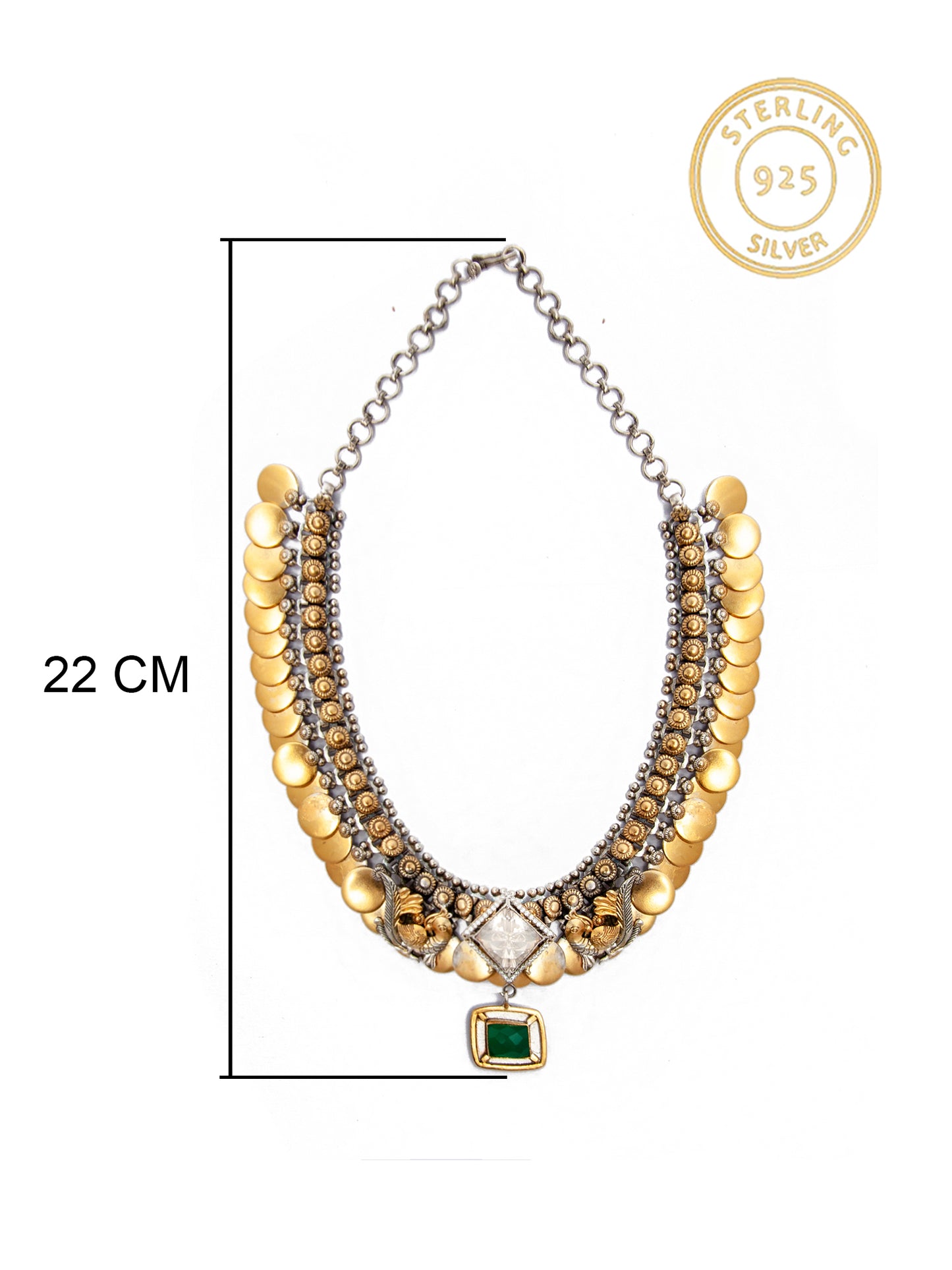 Verdant Harmony: 925 Silver Classic Two Tone Necklace with Moissanite and Green Onyx Gemstone Motif