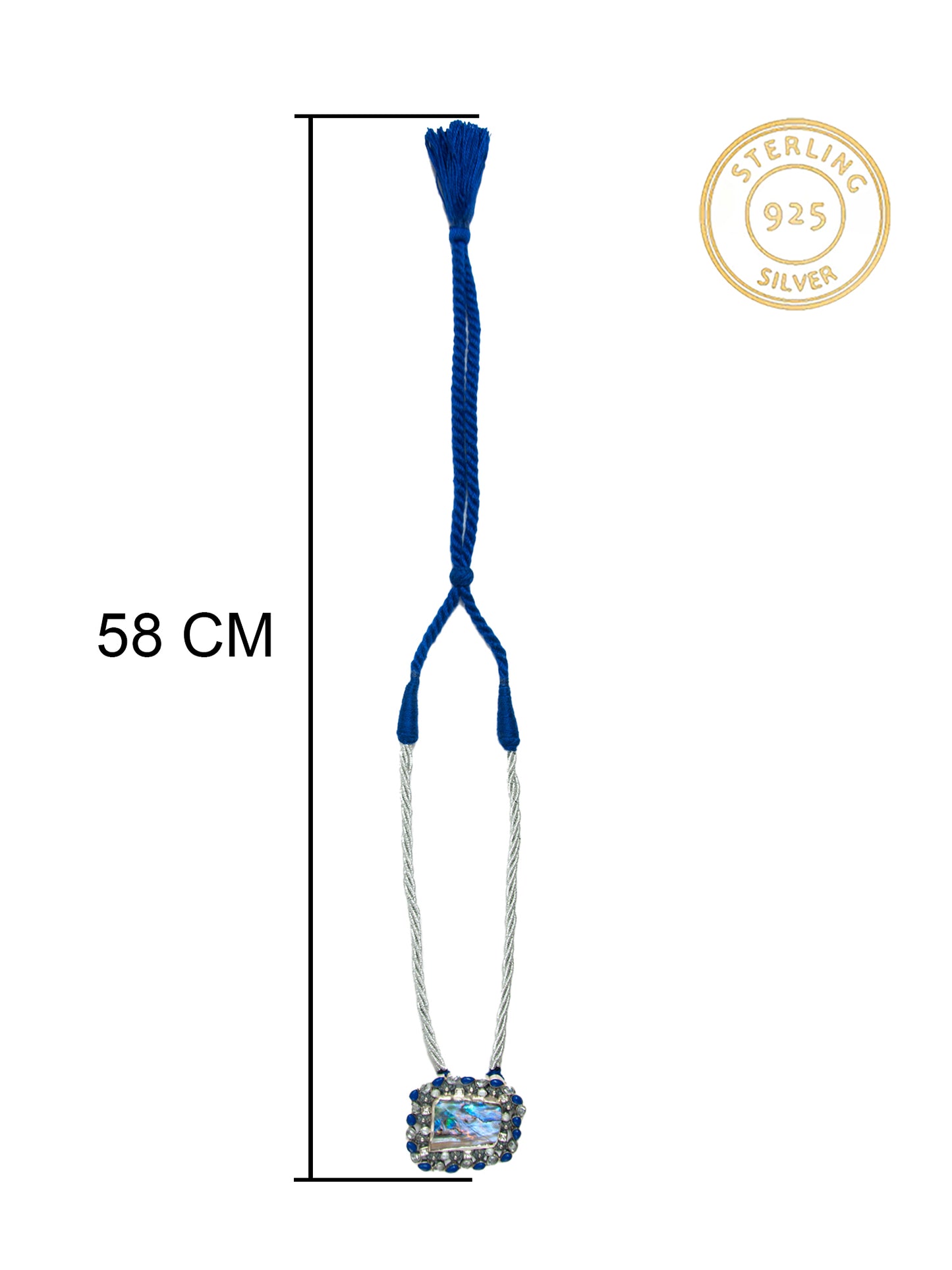 Oceanic Glow: 925 Silver Mother of Pearl Necklace with Blue Thread