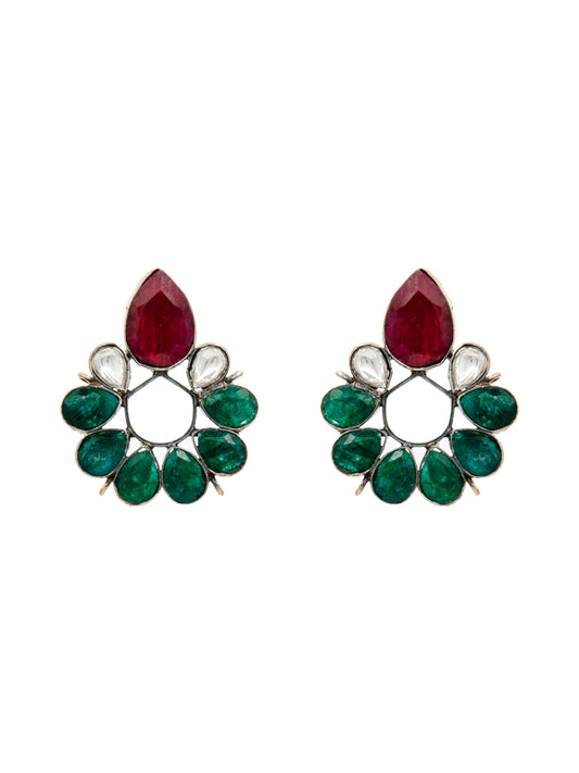 Regal Harmony: 925 Sterling Silver Earrings with Green Onyx, Ruby, and Kundan