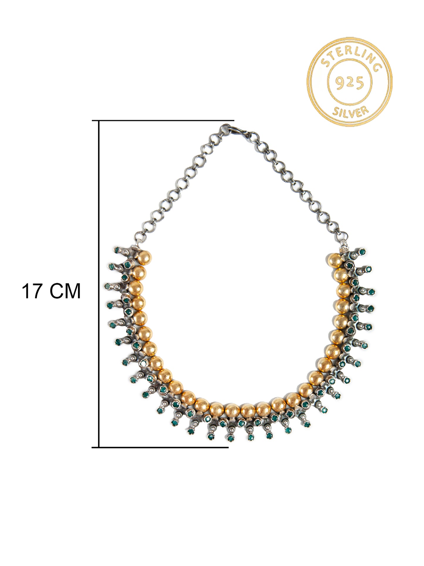 Green Tribal Elegance: 925 Silver Classic Two Tone Necklace with Green Onyx Gemstone