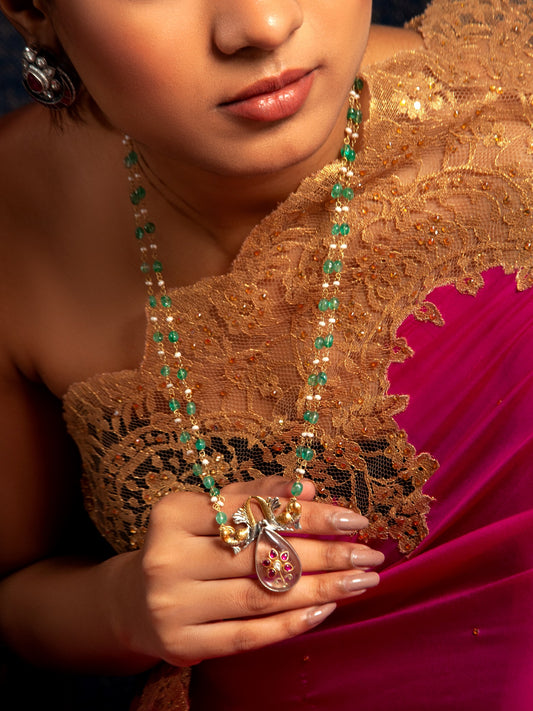 Avian Elegance: 925 Silver Fusion Birds Motif Necklace with Crystal Quartz Inlay Work