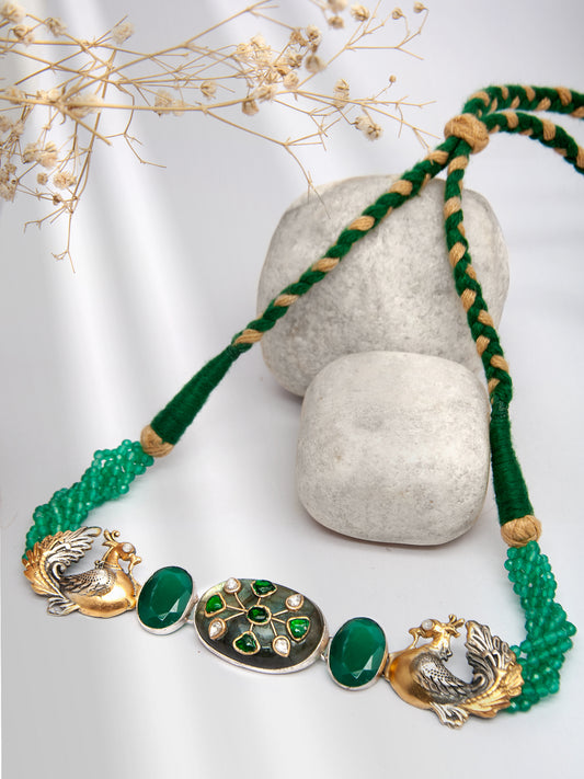 Fusion Green Bird Choker: 925 Silver with Labradorite Kundan Gemstone