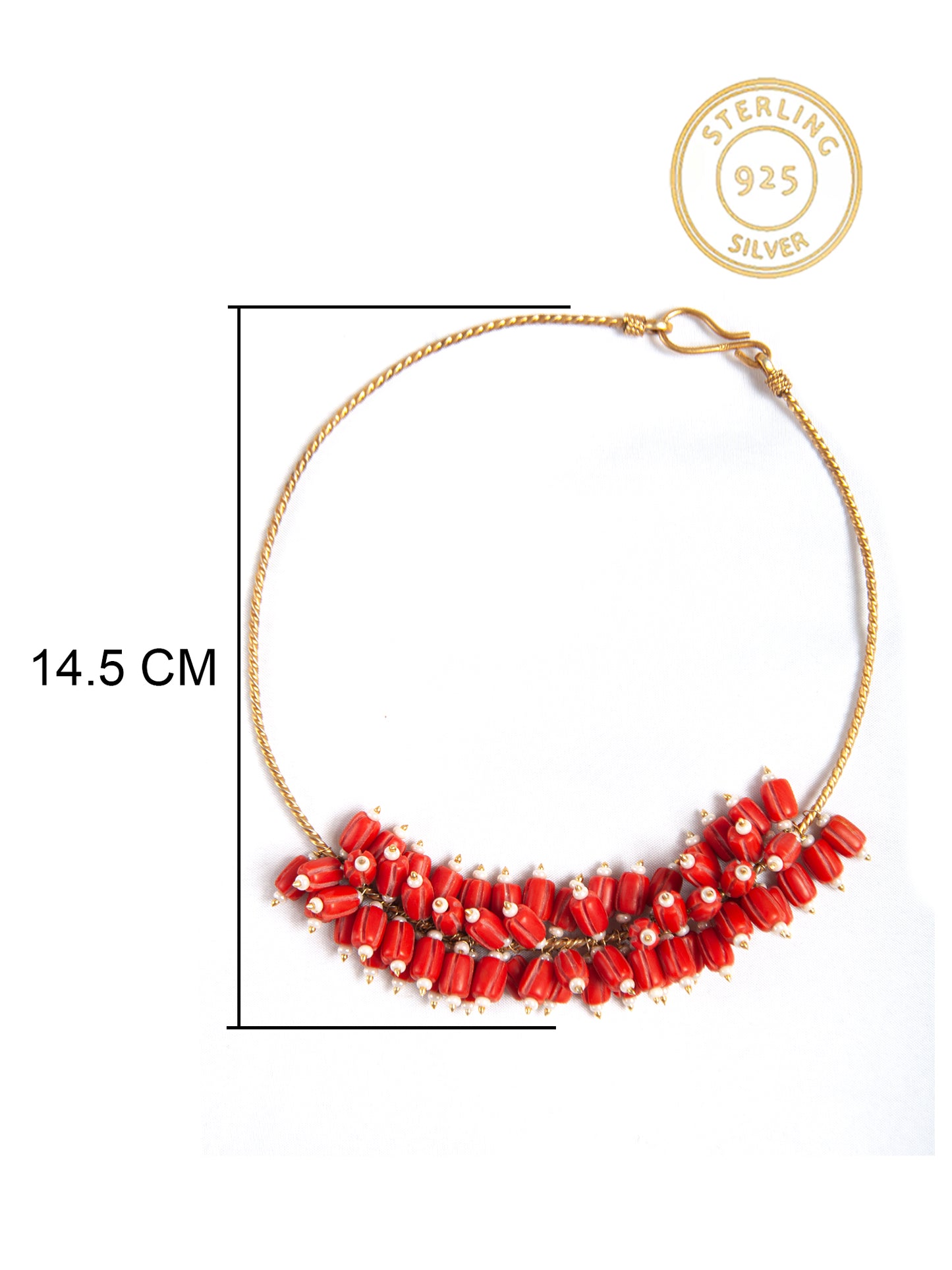 Crimson Coral Elegance: 925 Silver Gold Plated Hasli Necklace