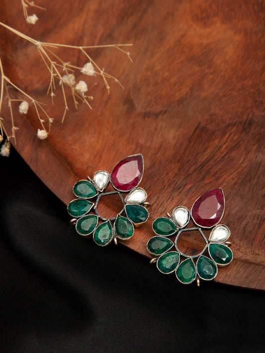 Regal Harmony: 925 Sterling Silver Earrings with Green Onyx, Ruby, and Kundan