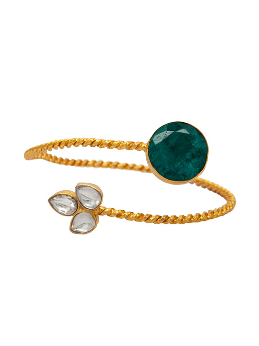Green Radiance: 925 Silver Gold Plated Bangle Cuff with Green Gemstone and White Kundan