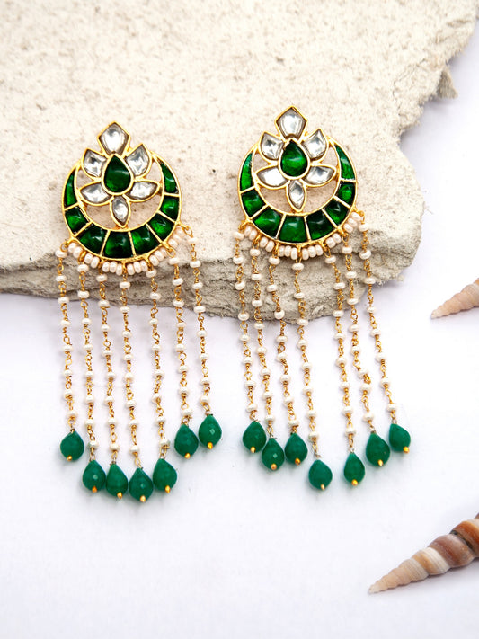 Swarna Moti Chaandbali: 925 Sterling Silver Gold Plated with Green and White Kundan