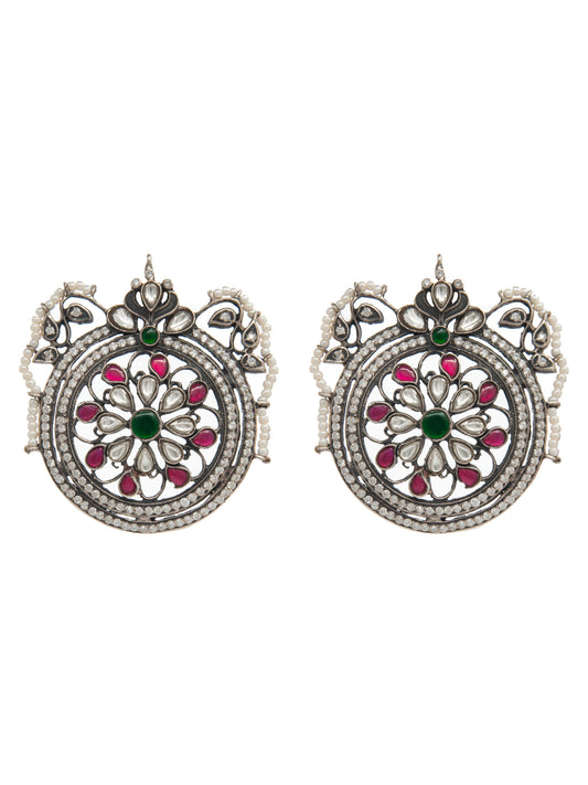 Mehfil Multicolor Kundan Round Stud Earrings: 925 Sterling Silver
