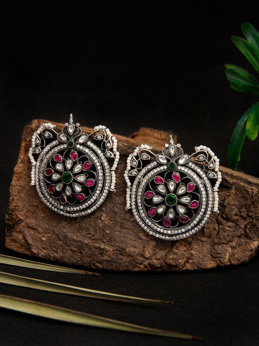 Mehfil Multicolor Kundan Round Stud Earrings: 925 Sterling Silver