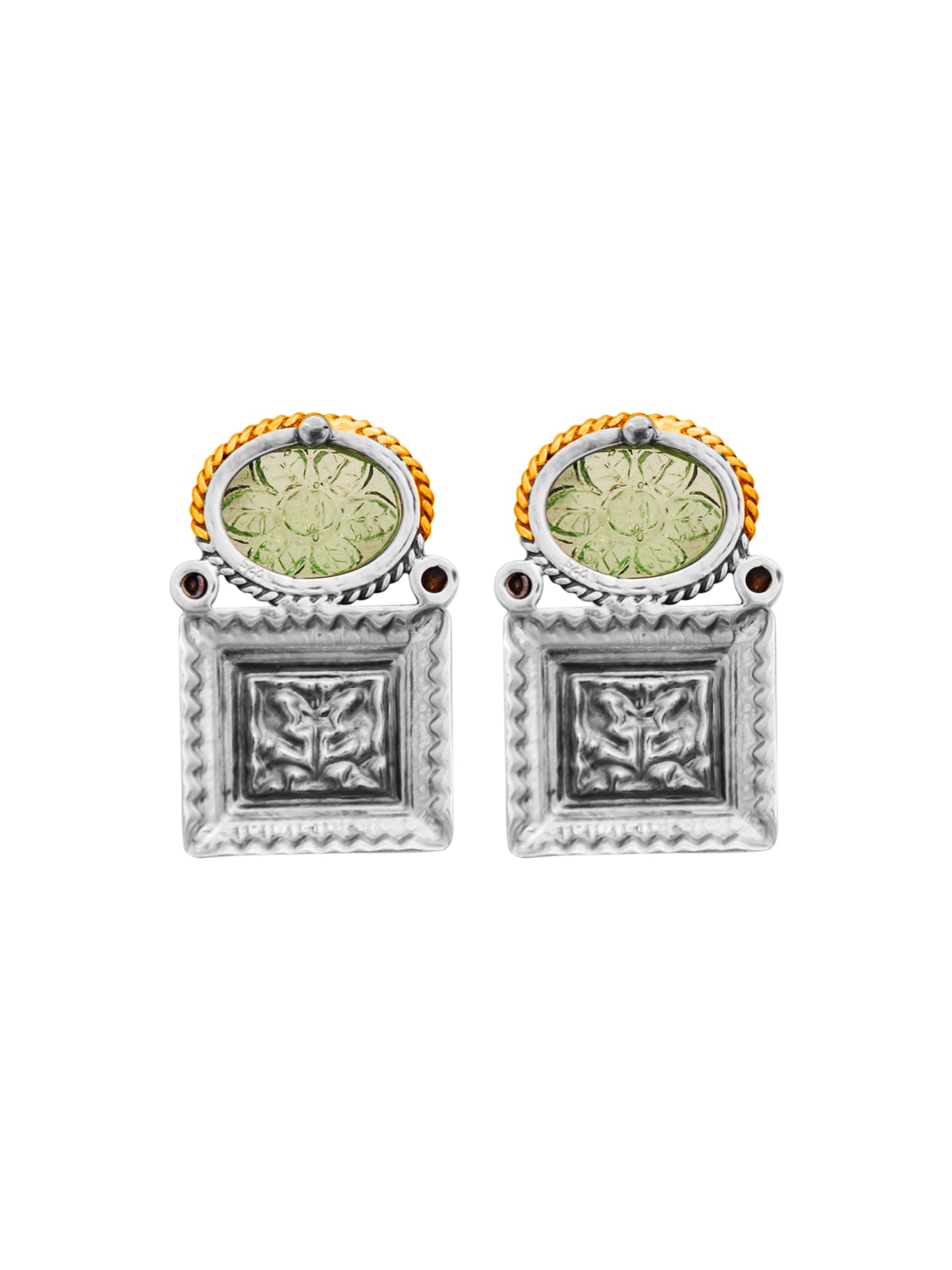 Floral Carved Green Stone Earrings - Sterling Silver & Gold Plated