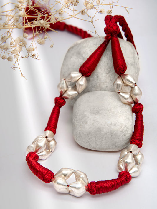 Dholki Bead Delight: 925 Silver Necklace with Red Silk Thread