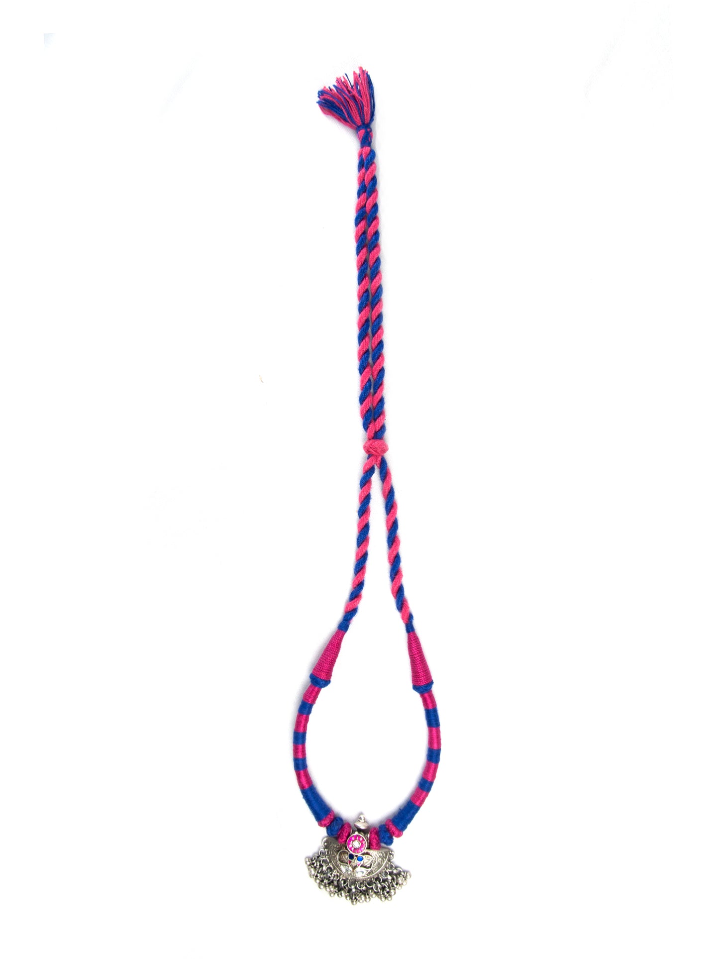 Tribal Ghungroo Symphony: 925 Silver Necklace with Pink and Blue Thread
