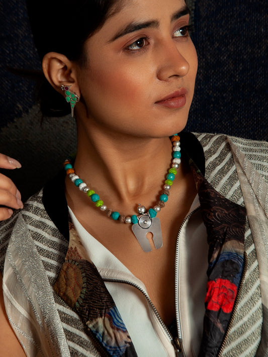 Turquoise Horseshoe Harmony: 925 Silver Horseshoe Turquoise Beaded Multicolor Thread Necklace