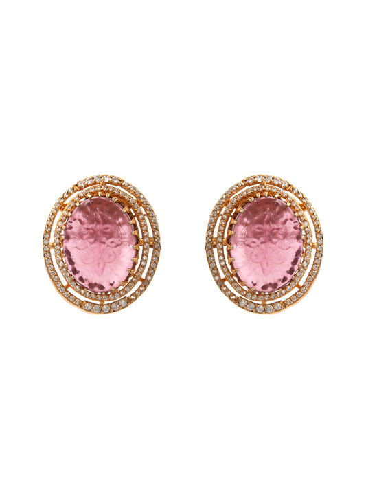 Crimson Carved Gemstone Studs: 925 Sterling Silver Gold Plated