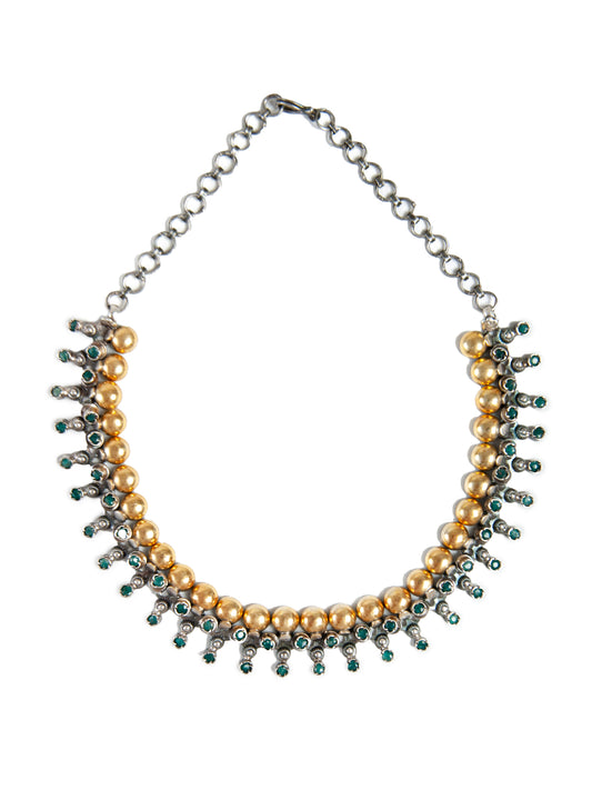 Green Tribal Elegance: 925 Silver Classic Two Tone Necklace with Green Onyx Gemstone