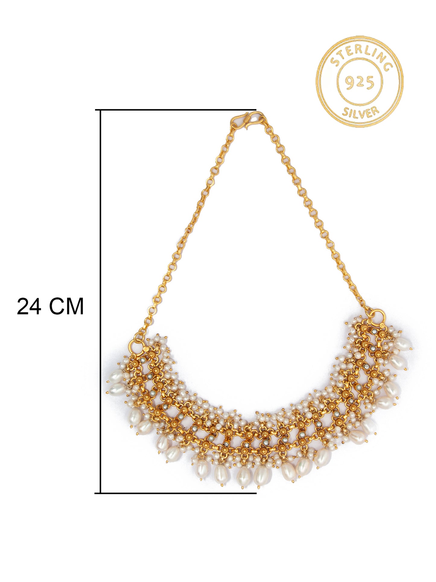 Pearlescent Elegance: 925 Silver Gold Plated Necklace with Pearl Drops