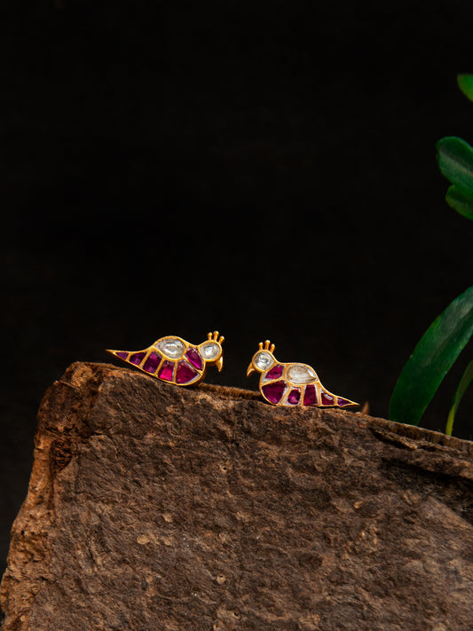 Swarnim Mayur Kundan Studs: 925 Sterling Silver Gold Plated Earrings