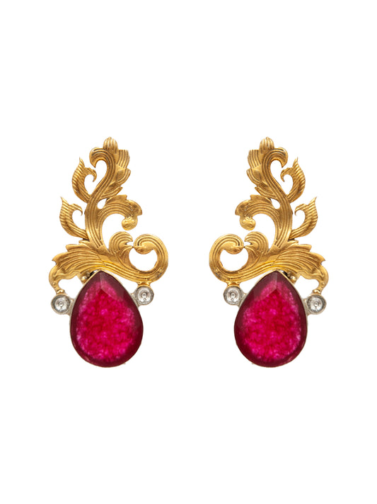 Nature's Grace: 925 Sterling Silver Leaf Earrings with Dyed Ruby