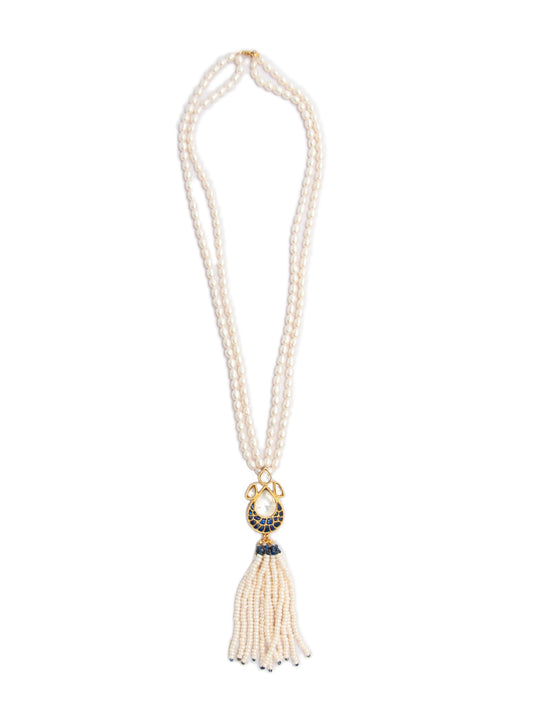 Pearlescent Tassel Elegance: 925 Silver Kundan Pearl Necklace