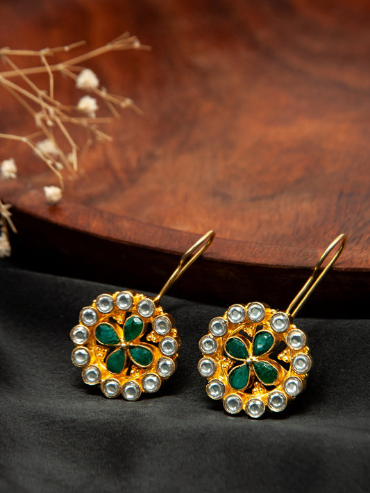 Green Elegance: 925 Sterling Silver Earrings with White Kundan and Green Onyx