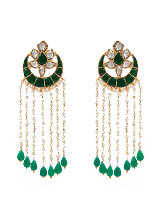 Swarna Moti Chaandbali: 925 Sterling Silver Gold Plated with Green and White Kundan