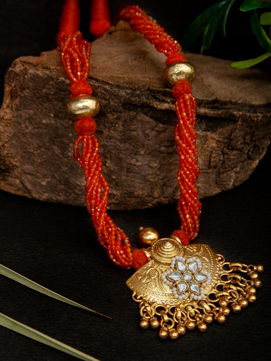Golden Ghungroo Fusion: 925 Silver Gold Plated Pendant with Tribal Ghungroo, Floral Kundan Motif, and Orange Carnelian Gemstone Beads