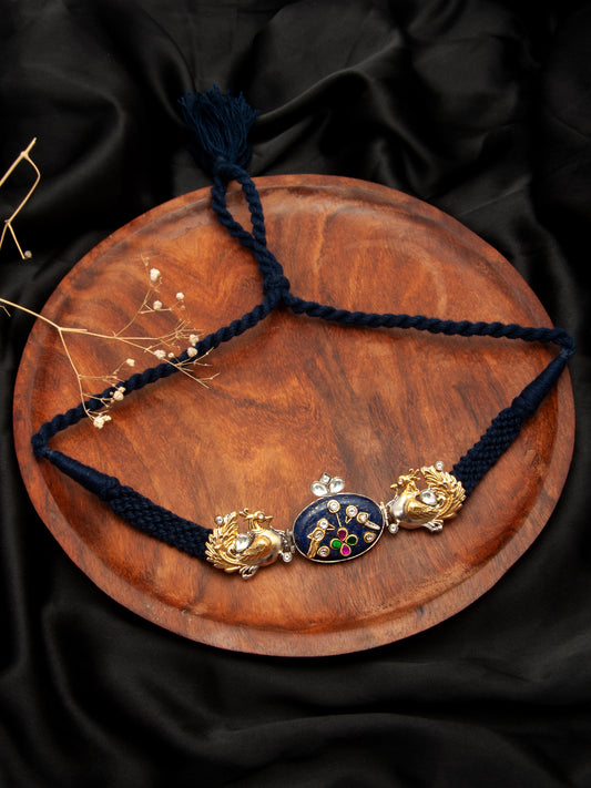 Azure Menagerie: 925 Silver Animal Motifs Fusion Choker with Blue Lapis Inlay Gemstone