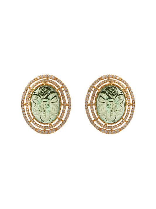 Verdant Carved Gemstone Studs: 925 Sterling Silver Gold Plated