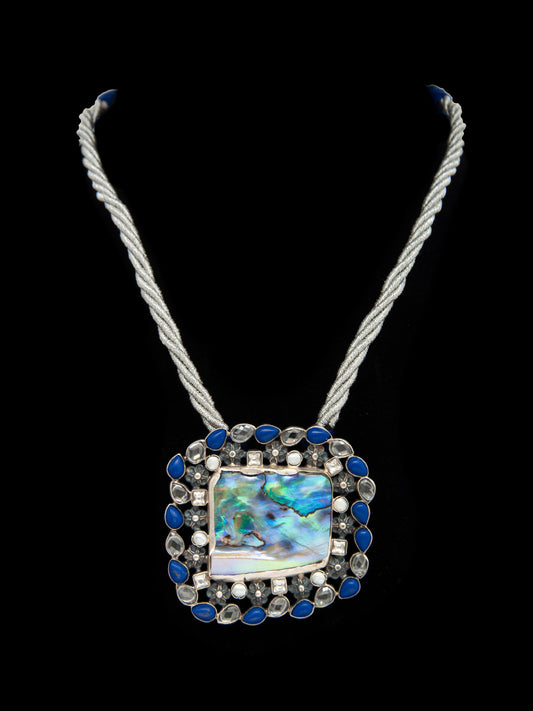 Oceanic Glow: 925 Silver Mother of Pearl Necklace with Blue Thread