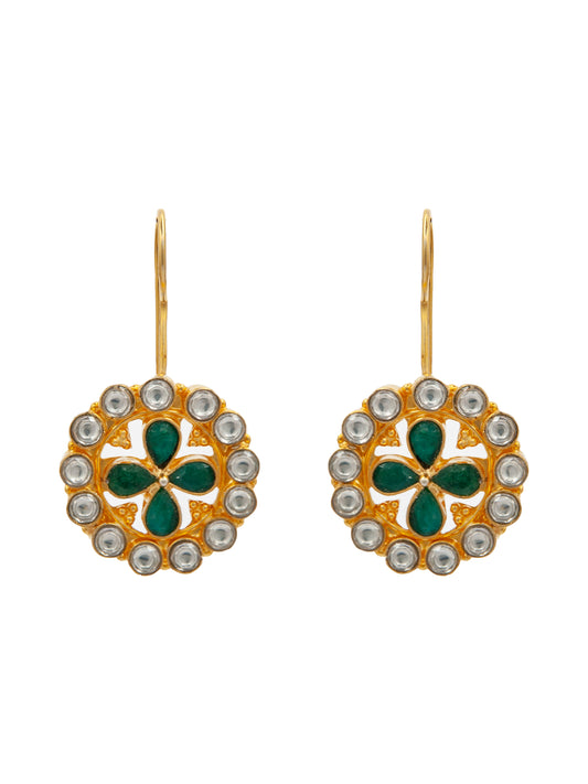 Green Elegance: 925 Sterling Silver Earrings with White Kundan and Green Onyx